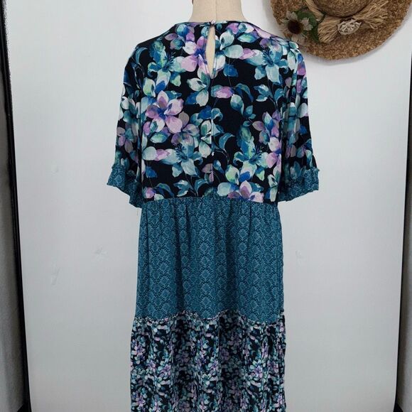 Soft‎ Surroundings Night Bloom Flutter Sleeve Floral MIDI Dress L Navy Multi - Picture 3 of 13